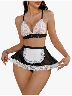 Lace Mesh Two-Piece Maid Lingerie Set - Black & White